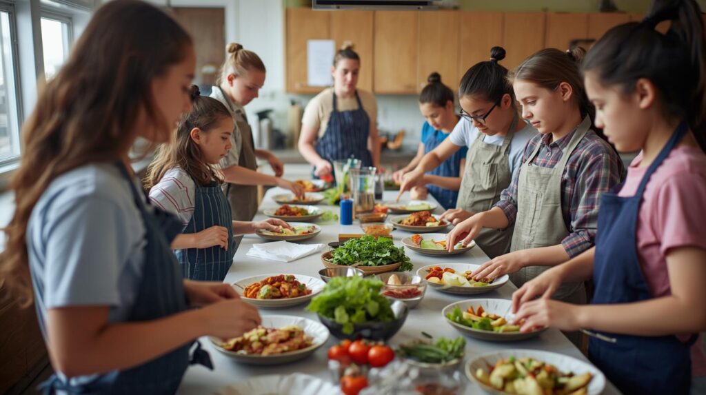 Kolorowa mapa świata stylizowana na talerz z daniami: sushi, tacos, curry, pierogi i naleśniki, dzieci próbują potraw z różnych kontynentów – warsztaty Kreatywne gotowanie – kuchnie świata.