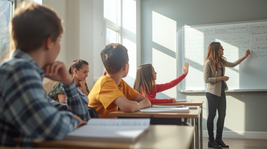 Nastolatek przy biurku z książkami do matematyki, polskiego i angielskiego, wokół złote gwiazdki sukcesu i strategie egzaminacyjne – kurs przygotowawczy do egzaminu ósmoklasisty bez stresu.