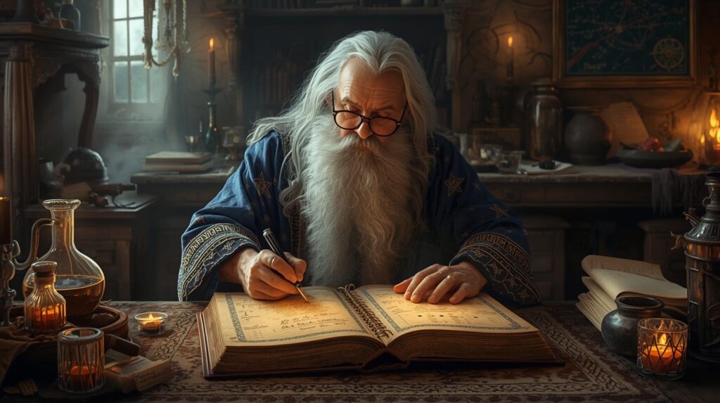 Mały czarownik w spiczastym kapeluszu zdumiony patrzy na pergamin z matematycznymi symbolami i kolorowym magicznym dymem – warsztaty „Tajemnicza receptura czarnoksiężnika” dla młodszych dzieci.