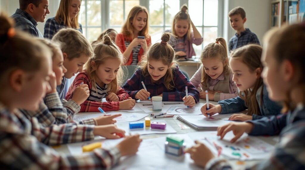 Dzieci budują stoisko lemoniadowe i sklepik z bransoletkami, wokół monety, wykresy wzrostu i kalkulator – warsztaty przedsiębiorczości dla dzieciaków „Mały przedsiębiorca”.